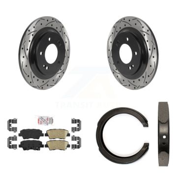 Rear Disc Drilled & Slotted Rotors Ceramic Pads Parking Brake Shoes Kit For Kia Optima KDA-103403