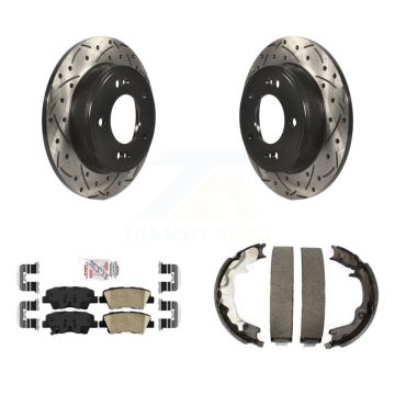 Rear Disc Drilled & Slotted Rotors Ceramic Pads Parking Shoes Kit For 2014 Kia Forte Koup KDA-103409