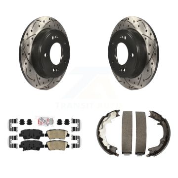 Rear Disc Drilled & Slotted Rotors Ceramic Pads Parking Shoes Kit For 2014 Kia Forte Koup KDA-103410