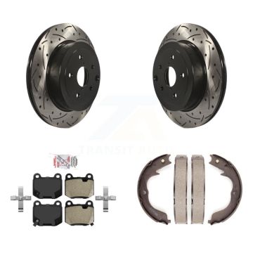 Rear Disc Drilled & Slotted Rotors Semi-Metallic Pads And Parking Brake Shoes Kit For KDA-103416