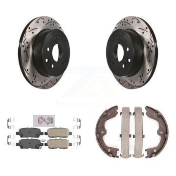 Rear Disc Drilled & Slotted Rotors Ceramic Pads Parking Brake Shoes Kit For INFINITI G35 KDA-103417