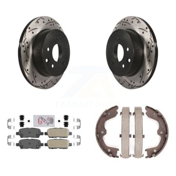Rear Disc Drilled & Slotted Rotors Ceramic Pads Parking Brake Shoes Kit For INFINITI G35 KDA-103418