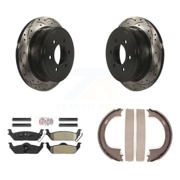 Rear Disc Drilled & Slotted Rotors Semi-Metallic Pads Parking Shoes Kit For Ford F-150 LT KDA-103419