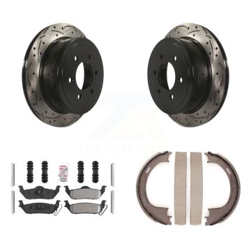 Rear Disc Drilled & Slotted Rotors Semi-Metallic Pads Parking Shoes Kit For Ford F-150 LT KDA-103420
