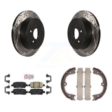 Rear Disc Drilled & Slotted Rotors Ceramic Pads Parking Shoes Kit For INFINITI Q50 QX70 KDA-103430