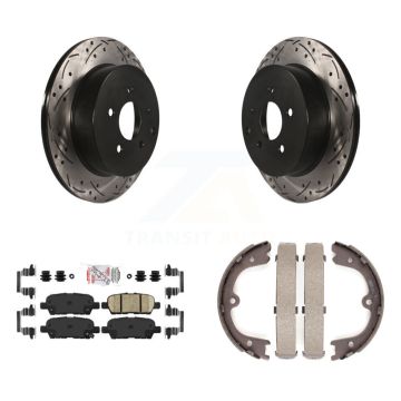 Rear Disc Drilled & Slotted Rotors Ceramic Pads Parking Shoes Kit For INFINITI Q50 QX70 KDA-103431