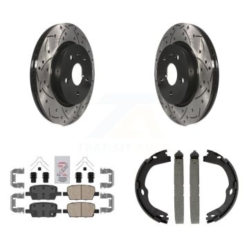 Rear Disc Drilled & Slotted Rotors Ceramic Pads Parking Shoes Kit For Chevrolet Camaro KDA-103443