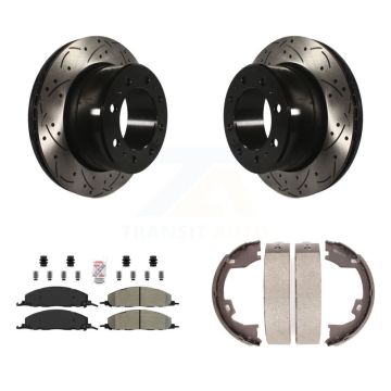 Rear Disc Drilled & Slotted Rotors Semi-Metallic Pads Parking Shoes Kit For Ram 3500 2500 KDA-103459