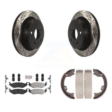 Rear Disc Drilled & Slotted Rotors Semi-Metallic Pads And Parking Brake Shoes Kit For KDA-103463