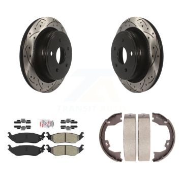 Rear Disc Drilled & Slotted Rotors Semi-Metallic Pads And Parking Brake Shoes Kit For KDA-103464