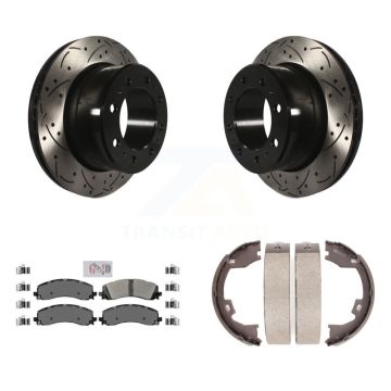 Rear Disc Drilled & Slotted Rotors Semi-Metallic Pads Parking Shoes Kit For Ram 2500 3500 KDA-103472