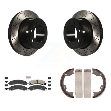Rear Disc Drilled & Slotted Rotors Semi-Metallic Pads And Parking Shoes Kit For Ram 3500 KDA-103475