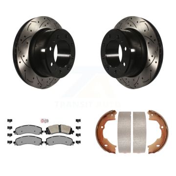 Rear Disc Drilled & Slotted Rotors Semi-Metallic Pads And Parking Shoes Kit For Ram 3500 KDA-103477
