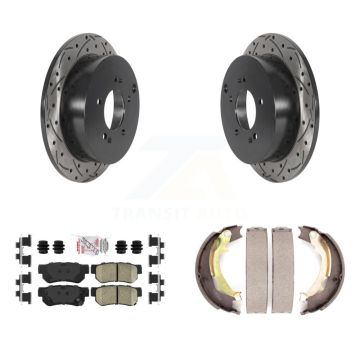 Rear Disc Drilled & Slotted Rotors Ceramic Pads Parking Shoes Kit For Hyundai Tucson Kia KDA-103478