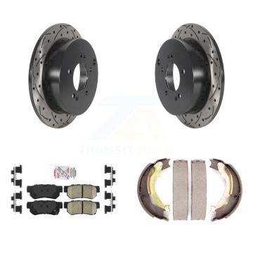 Rear Disc Drilled & Slotted Rotors Ceramic Pads Parking Shoes Kit For Hyundai Tucson Kia KDA-103479
