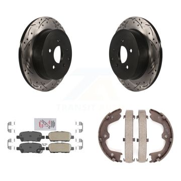 Rear Disc Drilled & Slotted Rotors Ceramic Pads Parking Shoes Kit For INFINITI FX35 FX45 KDA-103504