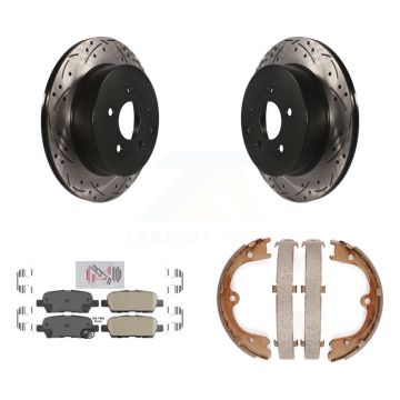 Rear Disc Drilled & Slotted Rotors Ceramic Pads Parking Shoes Kit For INFINITI FX35 Quest KDA-103506