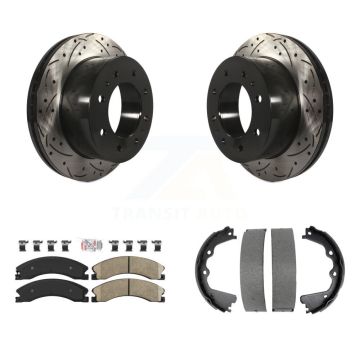 Rear Disc Drilled & Slotted Rotors Ceramic Pads Parking Shoes Kit For GMC Sierra 2500 HD KDA-103512