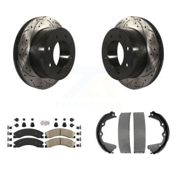 Rear Disc Drilled & Slotted Rotors Ceramic Pads Parking Shoes Kit For GMC Sierra 2500 HD KDA-103513