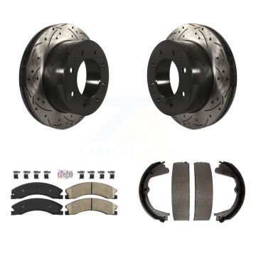 Rear Disc Drilled & Slotted Rotors Ceramic Pads Parking Shoes Kit For Chevrolet Silverado KDA-103515