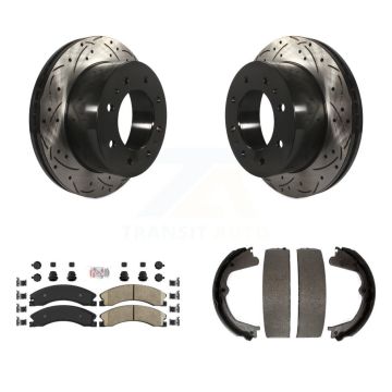 Rear Disc Drilled & Slotted Rotors Ceramic Pads Parking Shoes Kit For Chevrolet Silverado KDA-103516