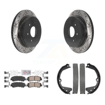 Rear Disc Drilled & Slotted Rotors Ceramic Pads Parking Shoes Kit For 17-23 Nissan TITAN KDA-103520