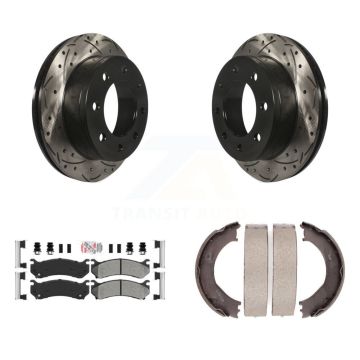Rear Disc Drilled & Slotted Rotors Semi-Metallic Pads Parking Shoes Kit For Chevrolet HD KDA-103523