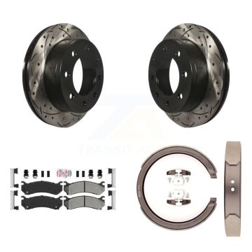 Rear Disc Drilled & Slotted Rotors Semi-Metallic Pads Parking Shoes Kit For GMC Chevrolet KDA-103527