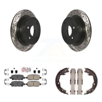 Rear Disc Drilled & Slotted Rotors Ceramic Pads Parking Brake Shoes Kit For Nissan Sentra KDA-103532