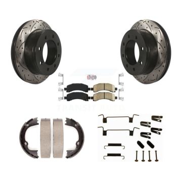 Rear Disc Drilled & Slotted Rotors Ceramic Pads Parking Shoes Hardware Kit For GMC Savana KDA-103550