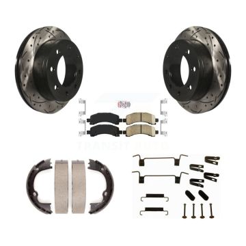 Rear Disc Drilled & Slotted Rotors Ceramic Pads Parking Shoes Hardware Kit For Chevrolet KDA-103558