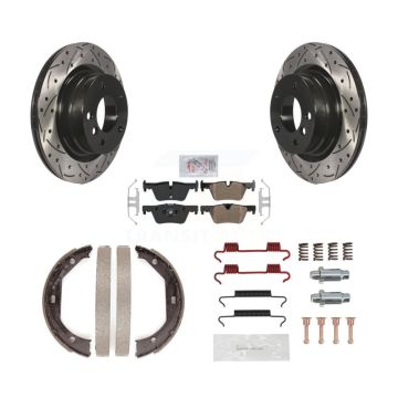 Rear Disc Drilled & Slotted Rotors Semi-Metallic Pads Parking Shoes And Hardware Kit For KDA-103567