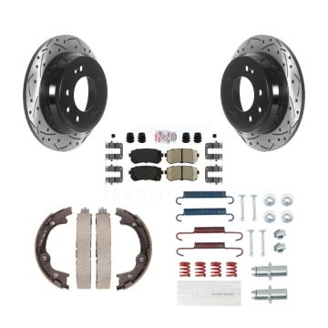 Rear Disc Drilled & Slotted Rotors Ceramic Pads Parking Brake Shoes And Hardware Kit For KDA-103586