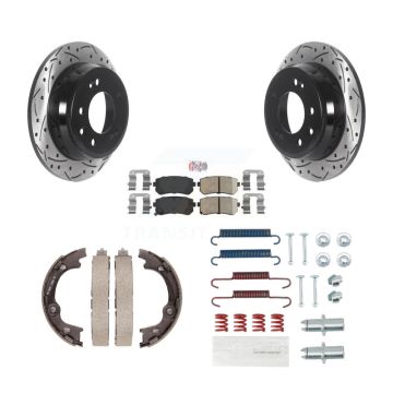 Rear Disc Drilled & Slotted Rotors Ceramic Pads Parking Brake Shoes And Hardware Kit For KDA-103587