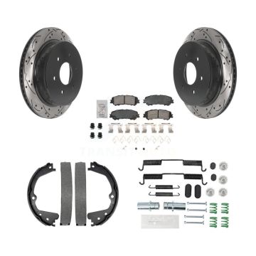 Rear Disc Drilled & Slotted Rotors Ceramic Pads Parking Brake Shoes And Hardware Kit For KDA-103593