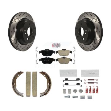 Rear Disc Drilled & Slotted Rotors Semi-Metallic Pads Parking Shoes And Hardware Kit For KDA-103606