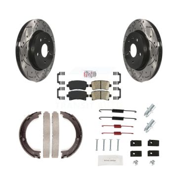 Rear Disc Drilled & Slotted Rotors Ceramic Pads Parking Brake Shoes And Hardware Kit For KDA-103610