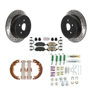 Rear Disc Drilled & Slotted Rotors Ceramic Pads Parking Brake Shoes And Hardware Kit For KDA-103614