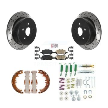 Rear Disc Drilled & Slotted Rotors Ceramic Pads Parking Brake Shoes And Hardware Kit For KDA-103615