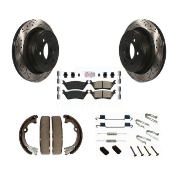 Rear Disc Drilled & Slotted Rotors Semi-Metallic Pads Parking Shoes And Hardware Kit For KDA-103621