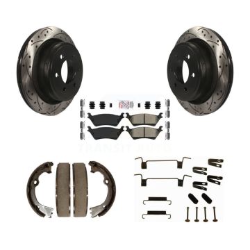Rear Disc Drilled & Slotted Rotors Semi-Metallic Pads Parking Shoes And Hardware Kit For KDA-103627