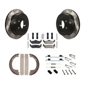 Rear Disc Drilled & Slotted Rotors Semi-Metallic Pads Parking Shoes Hardware Kit For Ford KDA-103631