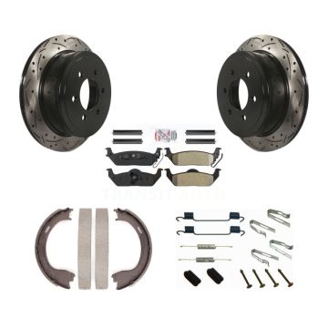 Rear Disc Drilled & Slotted Rotors Semi-Metallic Pads Parking Shoes And Hardware Kit For KDA-103632