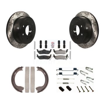 Rear Disc Drilled & Slotted Rotors Semi-Metallic Pads Parking Shoes And Hardware Kit For KDA-103635