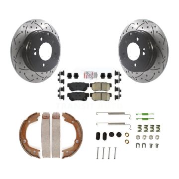 Rear Disc Drilled & Slotted Rotors Ceramic Pads Parking Brake Shoes And Hardware Kit For KDA-103638