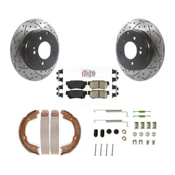 Rear Disc Drilled & Slotted Rotors Ceramic Pads Parking Brake Shoes And Hardware Kit For KDA-103639