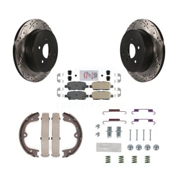 Rear Disc Drilled & Slotted Rotors Ceramic Pads Parking Shoes Hardware Kit For Nissan Q50 KDA-103663