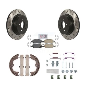 Rear Disc Drilled & Slotted Rotors Ceramic Pads Parking Shoes Hardware Kit For INFINITI KDA-103665