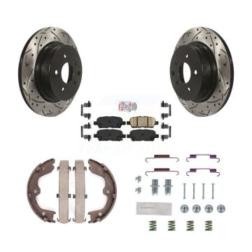 Rear Disc Drilled & Slotted Rotors Ceramic Pads Parking Shoes Hardware Kit For Nissan G25 KDA-103669