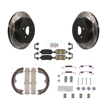 Rear Disc Drilled & Slotted Rotors Ceramic Pads Parking Shoes And Hardware Kit For Nissan KDA-103671